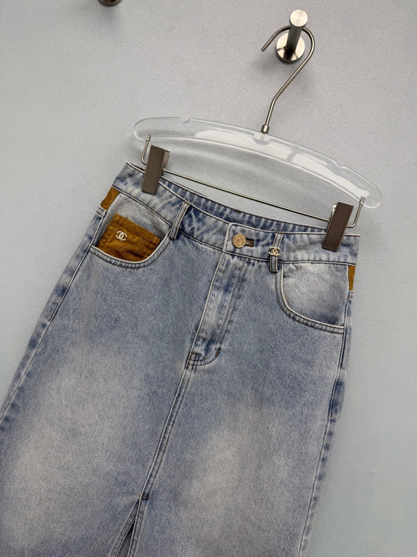 CC 26FW Gold Chain-Trim Denim Midi Skirt Light Blue Cotton 274253