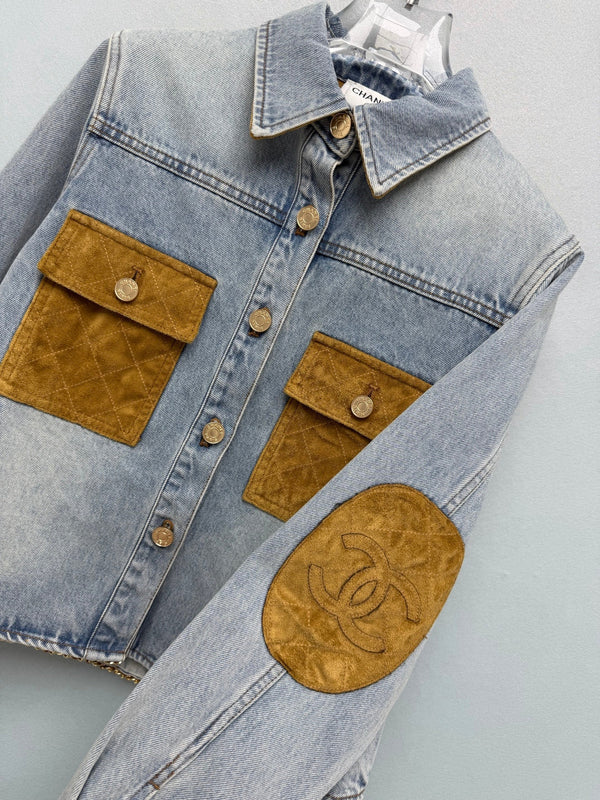 CC 26FW Denim Crop Jacket Contrast Pocket & Collar Light Blue Cotton 274259