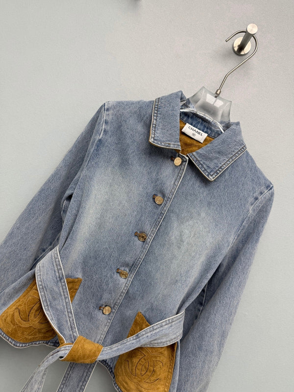CC 26FW Denim Jacket Contrast Suede Collar Pockets Light Blue Cotton 274265