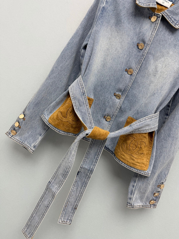 CC 26FW Denim Jacket Contrast Suede Collar Pockets Light Blue Cotton 274265