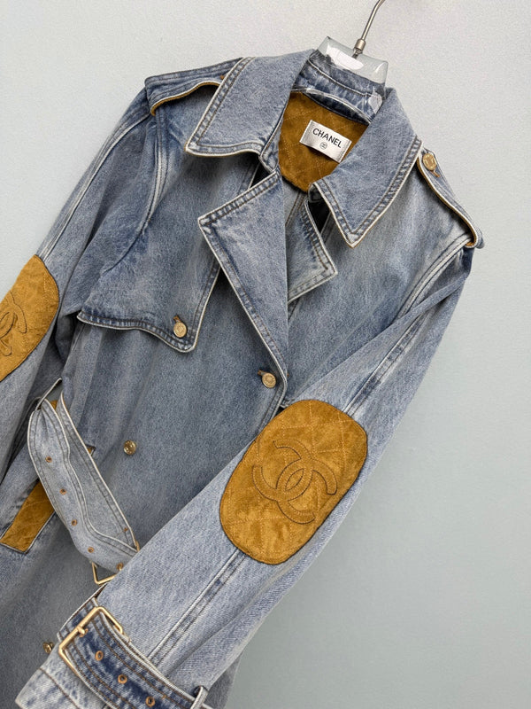 CC 26FW Denim Trench Coat Contrast Suede Collar Elbow Patches Belted Blue Cotton 274268