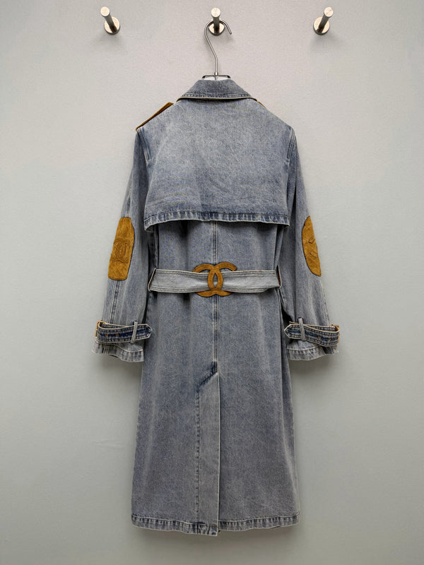 CC 26FW Denim Trench Coat Contrast Suede Collar Elbow Patches Belted Blue Cotton 274268