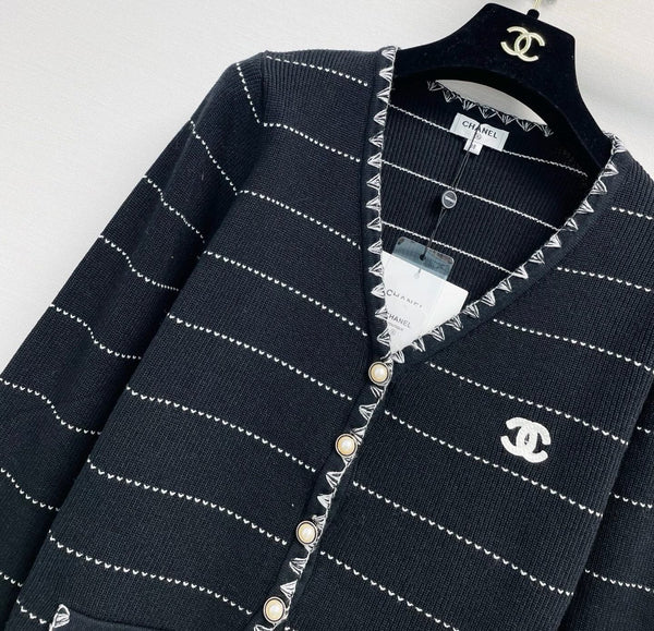 CC 26FW Striped Pearl-Button Knit Cardigan Black Nylon 40333