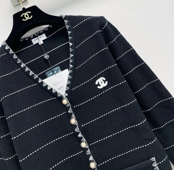 CC 26FW Striped Pearl-Button Knit Cardigan Black Nylon 40333
