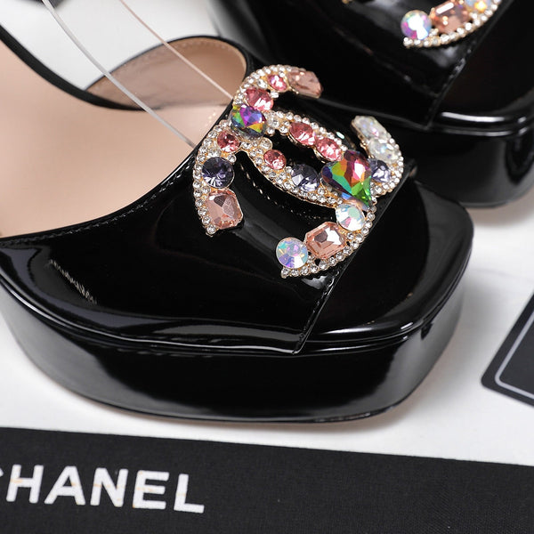 CC 26FW Platform Sandals Rhinestone Logo 11cm Black Patent Leather 170610