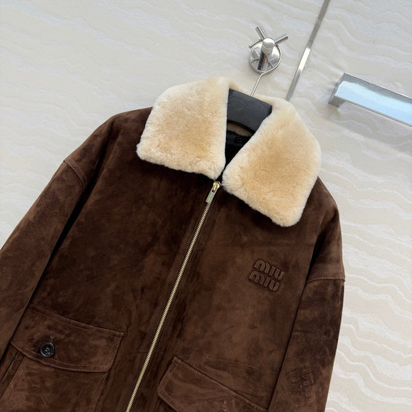 Miu 26S Oversized Jacket with Shearling Collar Brown Suede 440896