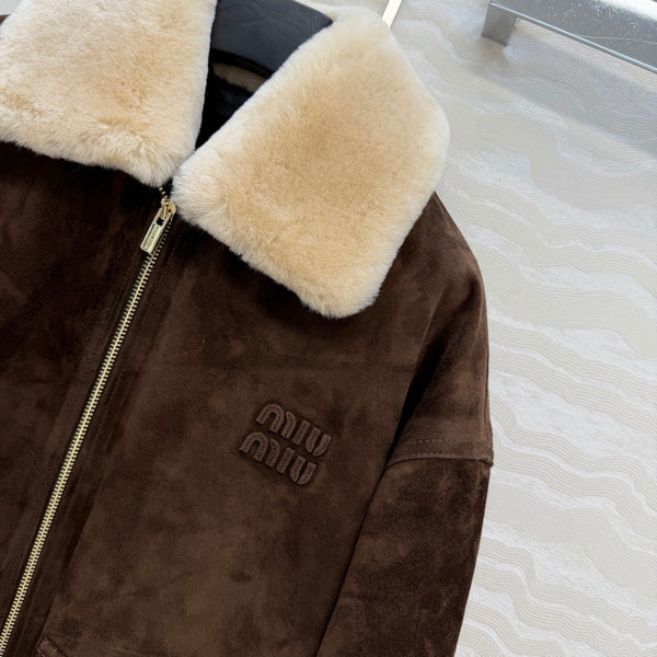 Miu 26S Oversized Jacket with Shearling Collar Brown Suede 440896