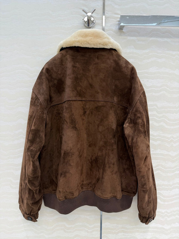 Miu 26S Oversized Jacket with Shearling Collar Brown Suede 440896