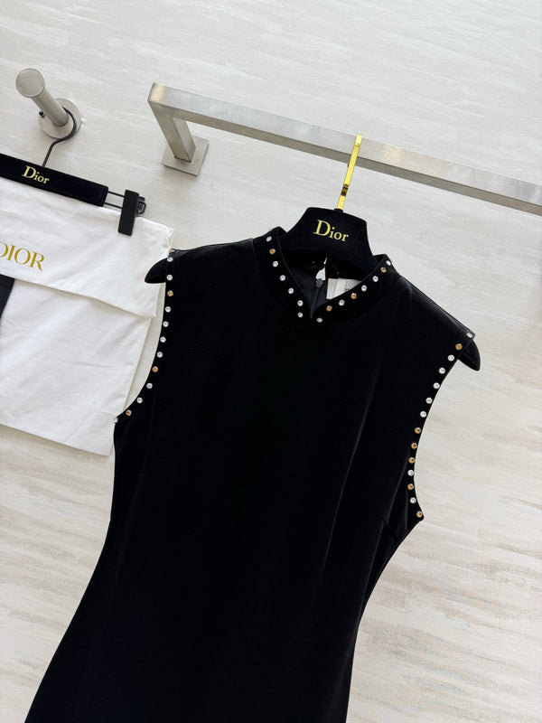 CD 26FW Crystal-Embellished Long Dress Stand Collar Sleeveless Black Velvet 441675