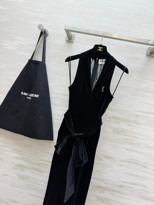 YSL 26FW Velvet Lace Halter-Neck Wide-Leg Jumpsuit Black Velvet 441671