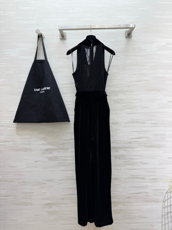 YSL 26FW Velvet Lace Halter-Neck Wide-Leg Jumpsuit Black Velvet 441671