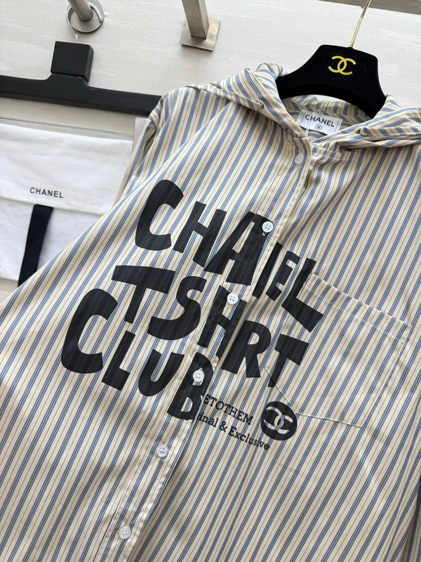 CC 26FW Striped Hooded Letter-Print Shirt Blue Beige Cotton 441644