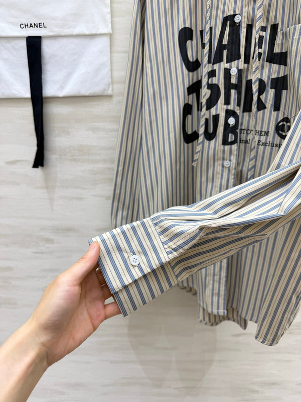 CC 26FW Striped Hooded Letter-Print Shirt Blue Beige Cotton 441644