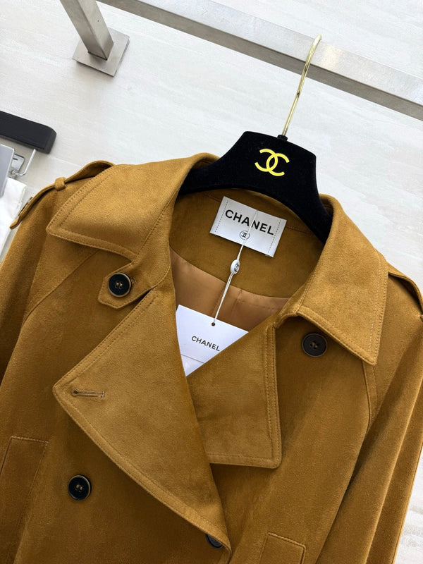 CC 26FW Cropped Double-Breasted Trench Jacket Epaulets Belted Waist Caramel Suede 441613