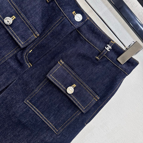 CC 26FW High-Waisted Slit Denim Skirt Double-C Pocket Detail Blue Cotton 441481