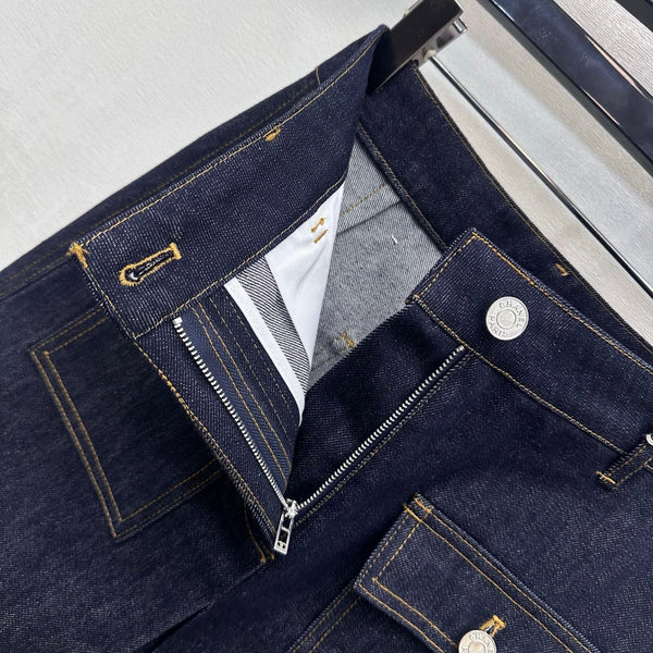 CC 26FW High-Waisted Slit Denim Skirt Double-C Pocket Detail Blue Cotton 441481