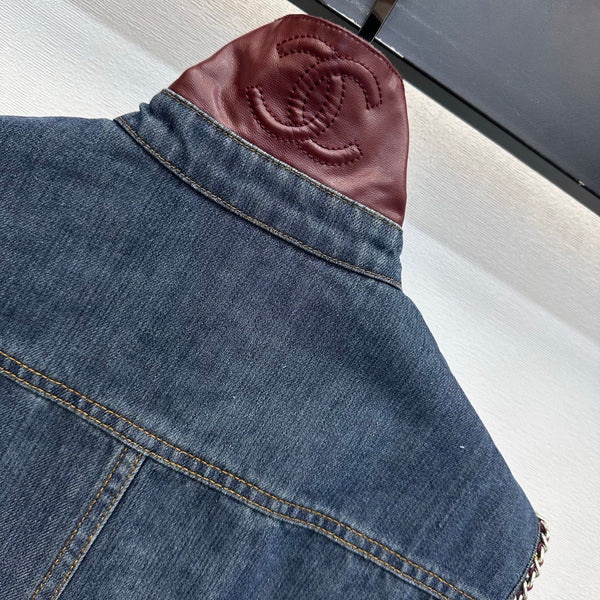 CC 26FW Chain-Trim Denim Vest Dress Red Leather Collar Blue Cotton 441477