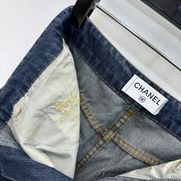 CC 26FW High-Waisted A-Line Denim Shorts Chain-Trim Blue Cotton 441467