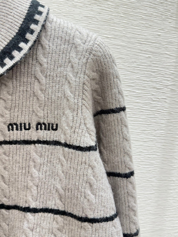 Miu 26FW Striped Cable-Knit Sailor-Collar Cardigan Sweater Bow Details Wool 313546