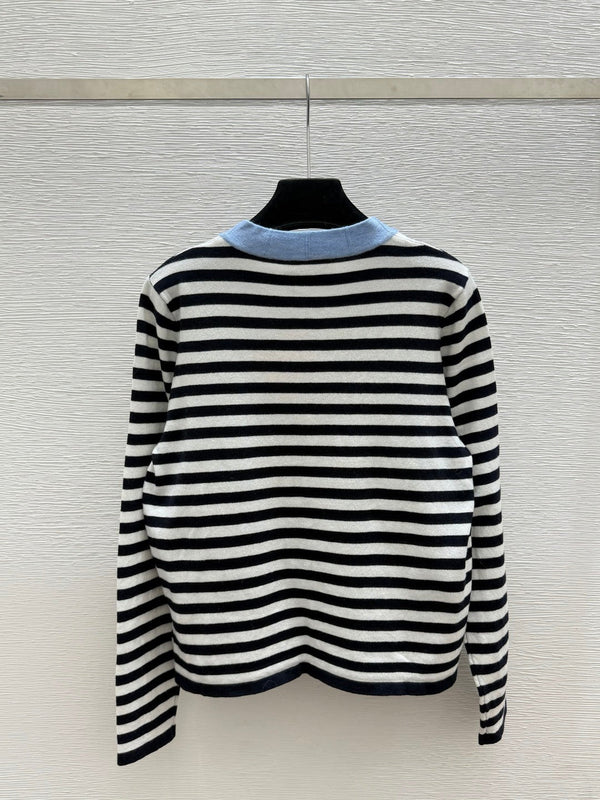 Miu 26FW Striped Knit Cardigan Light Blue Collar and Button Trim Wool 313374