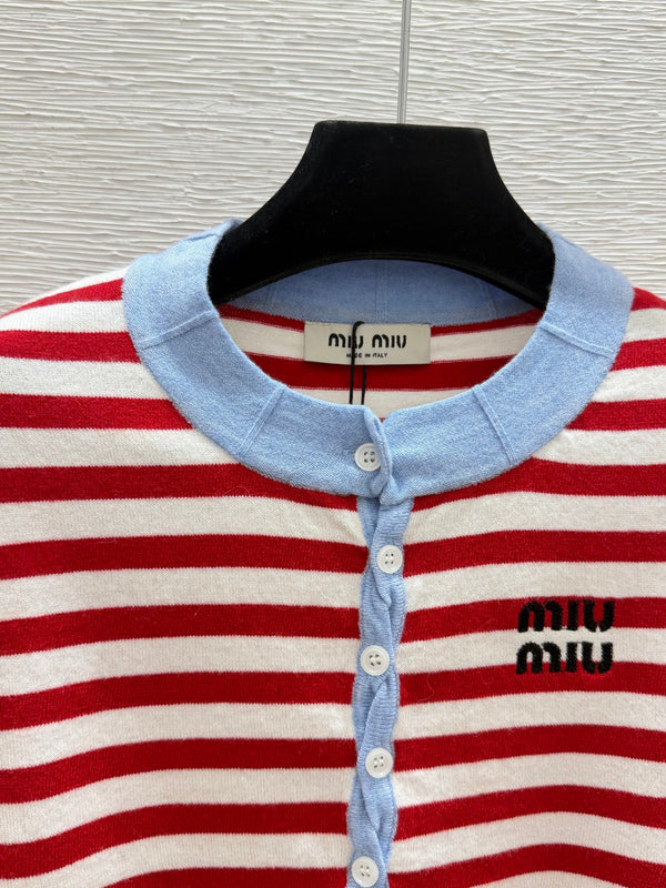 Miu 26FW Striped Knit Cardigan Light Blue Collar and Button Trim Wool 313374