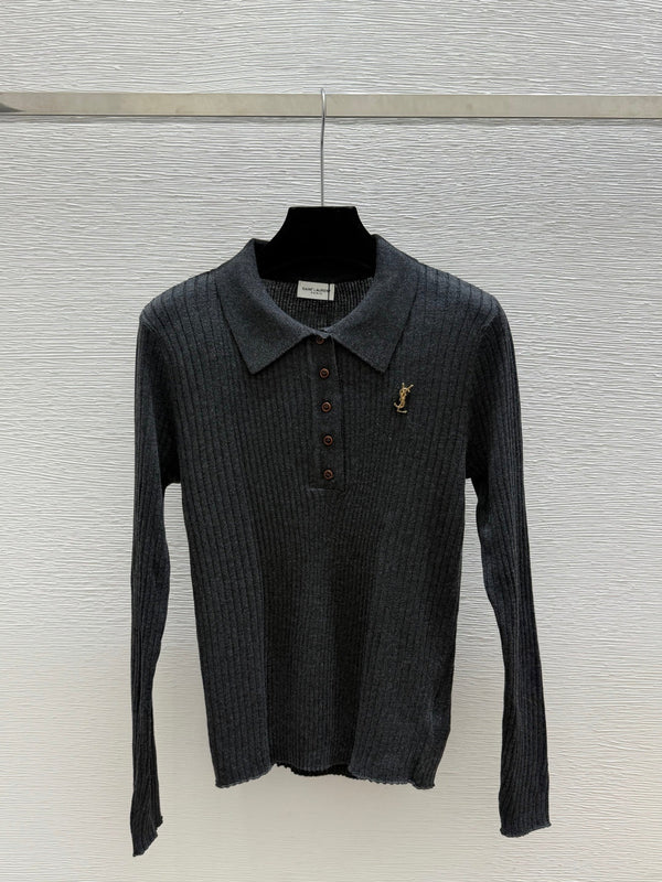 YSL 26FW Ribbed Knit Polo Sweater Gold-Tone YSL Logo Wool 313375