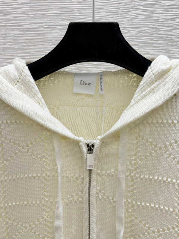 CD 26FW Cannage Textured-Knit Hooded Zip-Up Cardigan Wool 313338