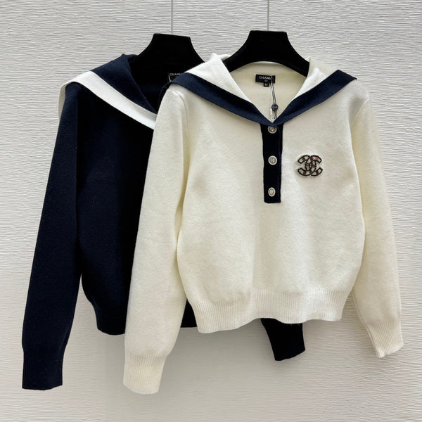 CC 26FW Marine-Inspired Knit Pullover Sweater Sailor Collar Half-Button Logo Wool 313320