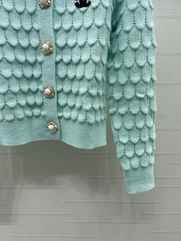 CC 26FW Crochet Feather Pattern Cardigan Contrast Trim Knitwear Wool Knitwear 446581