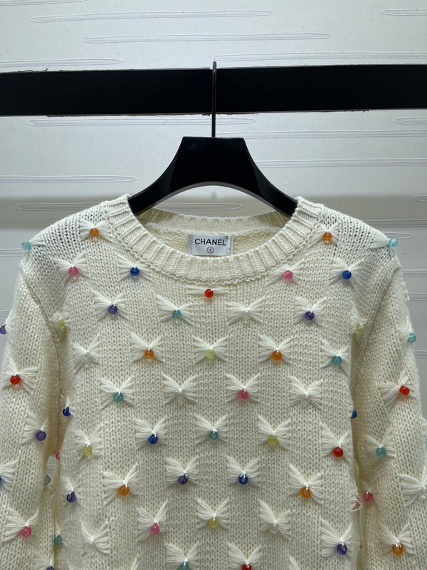 CC 26FW 3D Bow Sweater Colorful Bead Embellishments Cream Wool 446539