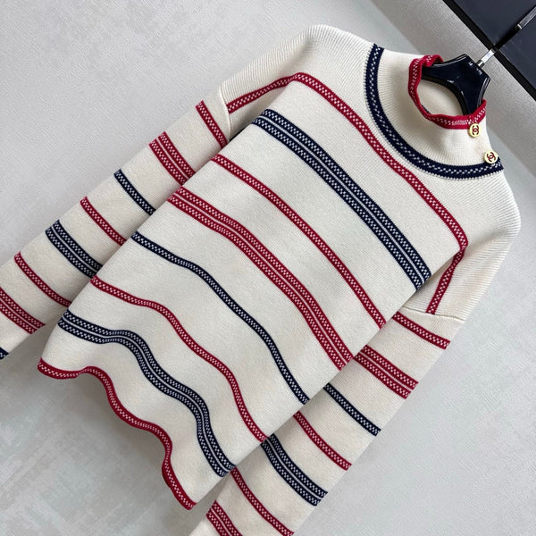CC 26FW Striped Mock-Neck Top Double-C Metal Buttons Cashmere e 446483