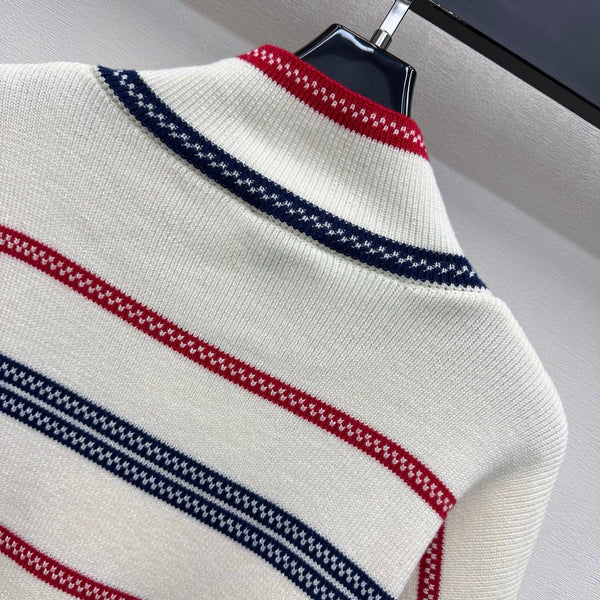 CC 26FW Striped Mock-Neck Top Double-C Metal Buttons Cashmere e 446483
