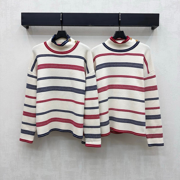 CC 26FW Striped Mock-Neck Top Double-C Metal Buttons Cashmere e 446483