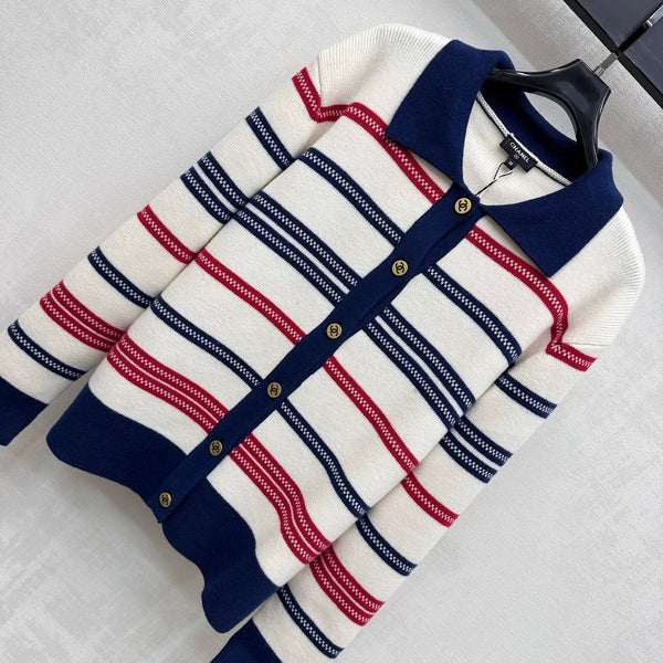 CC 26FW Striped Contrast-Trim Polo Cardigan Double-C Metal Buttons Cashmere 446476