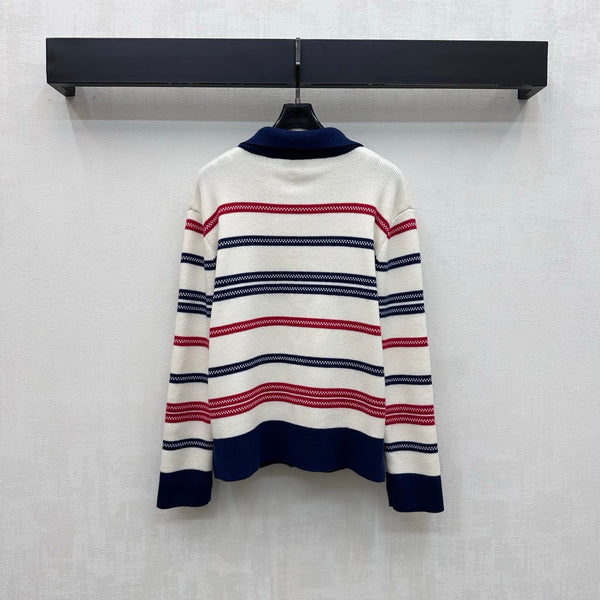 CC 26FW Striped Contrast-Trim Polo Cardigan Double-C Metal Buttons Cashmere 446476