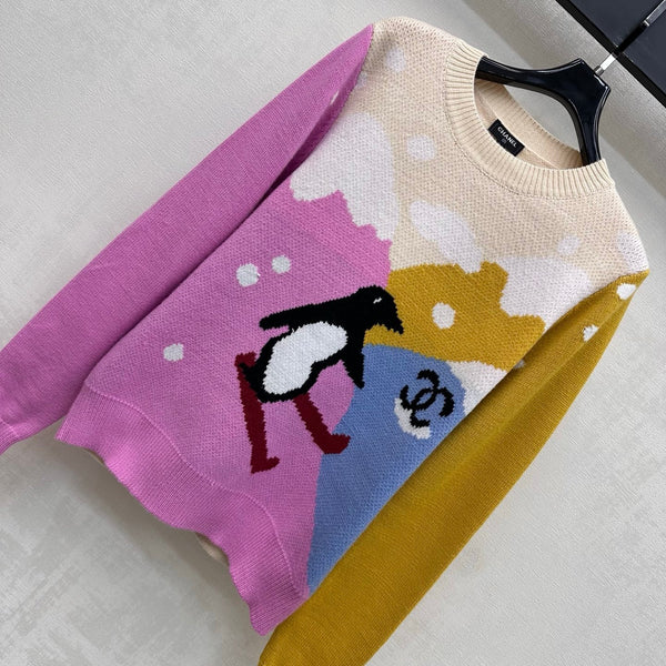 CC 26FW Color-Block Crewneck Sweater Penguin Ski Jacquard Double-C Wool 446466