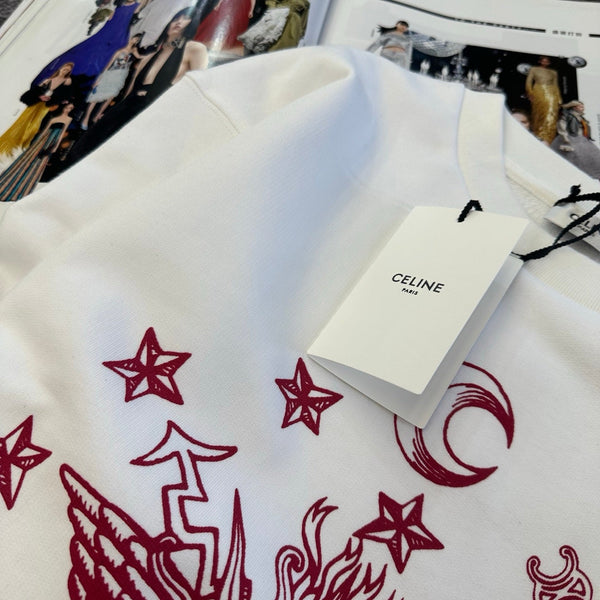 CE 26FW Sweatshirt Zodiac Sun Face Graphic Print Blanc Rouge Cotton 430746