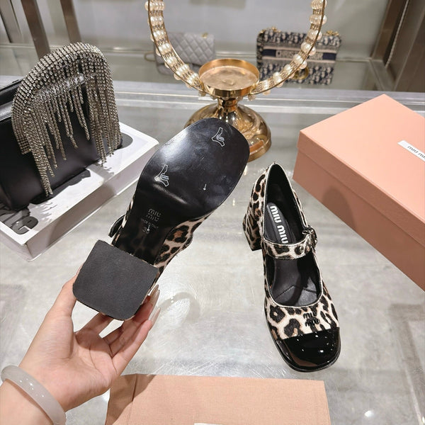 Miu 26FW Mary Jane Pumps 7.5cm Square Toe Strap Leopard Print Pony Hair 190484