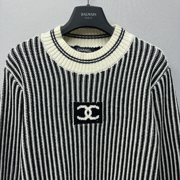 CC 26FW Ski Collection Striped Crewneck Sweater Double-C Logo Wool 446624