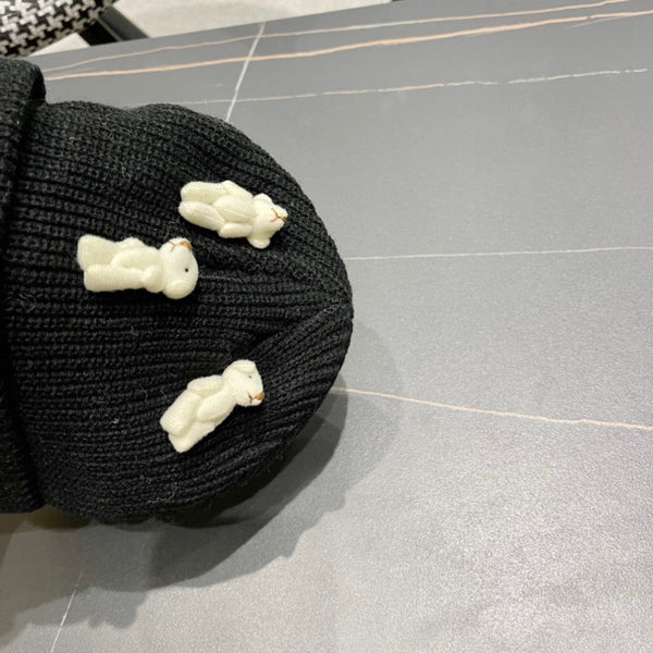 Prad 26FW Double-Layer Knit Beanie Bear Design Knitted Wool 552005