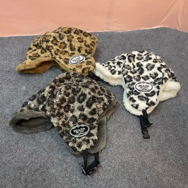 Prad 26FW Leopard Print Faux Fur Trapper Hat Ear Flaps Logo Patch