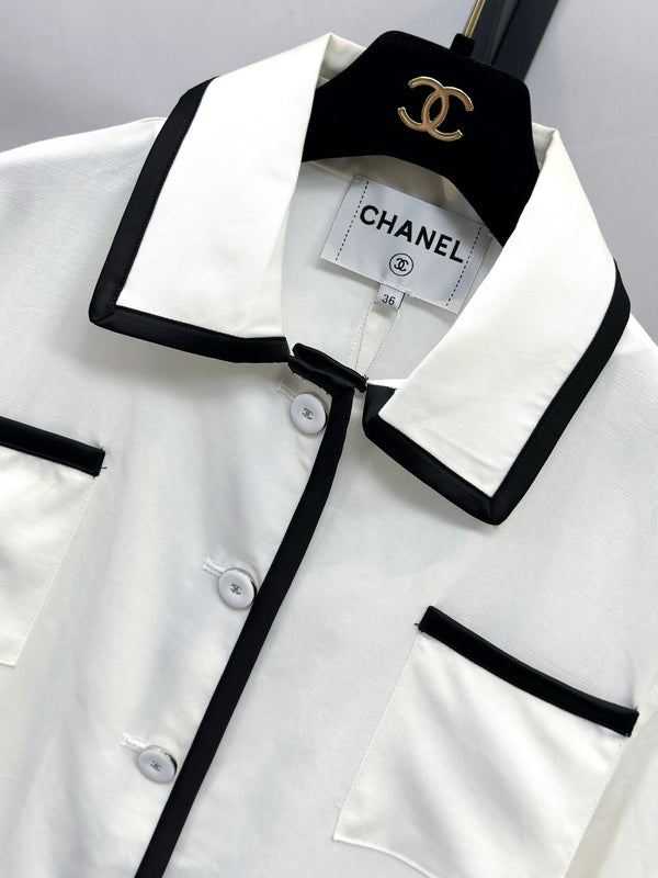 CC 26FW Contrast-Trim Collared Utility Jacket Four Patch Pockets Black White Silk 447725
