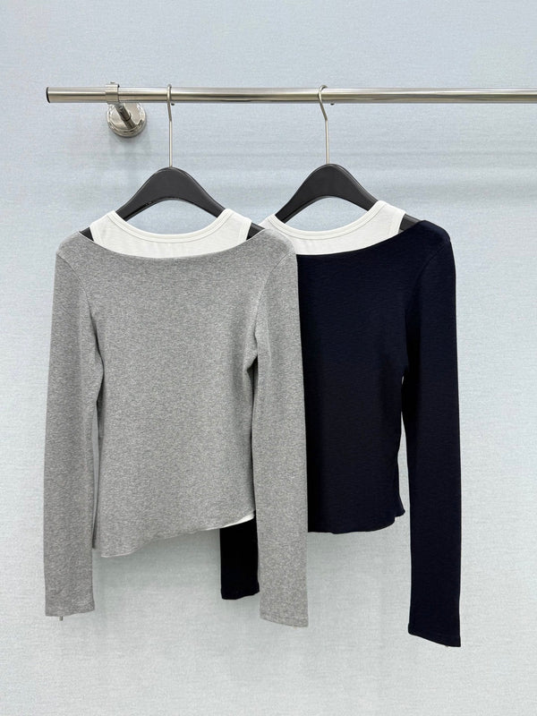 Miu 26FW Layered Long-Sleeve Top Contrast Panels Zipper Stretch Fabric 447683