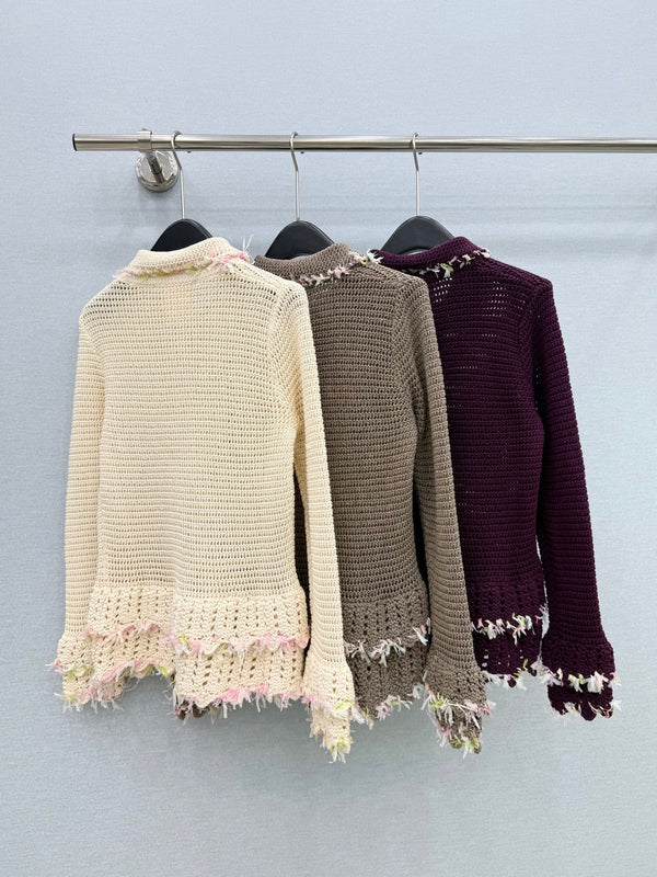 CC 26FW Vintage Openwork Crochet Lapel Sweater Wool Alpaca Blend 447653