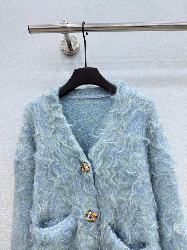 CC 26FW Vintage V-Neck Wool Jacket Blue Rhinestone Buttons Wool Alpaca Blend 447647