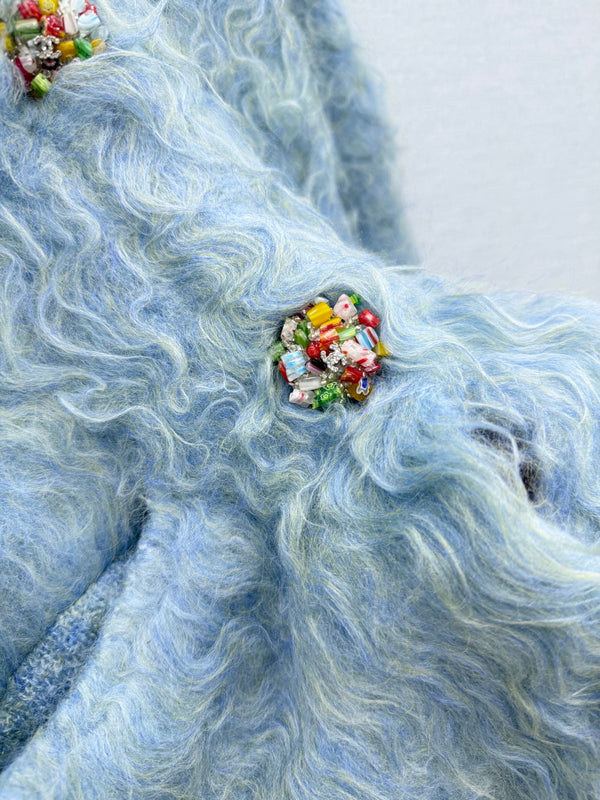 CC 26FW Vintage V-Neck Wool Jacket Blue Rhinestone Buttons Wool Alpaca Blend 447647