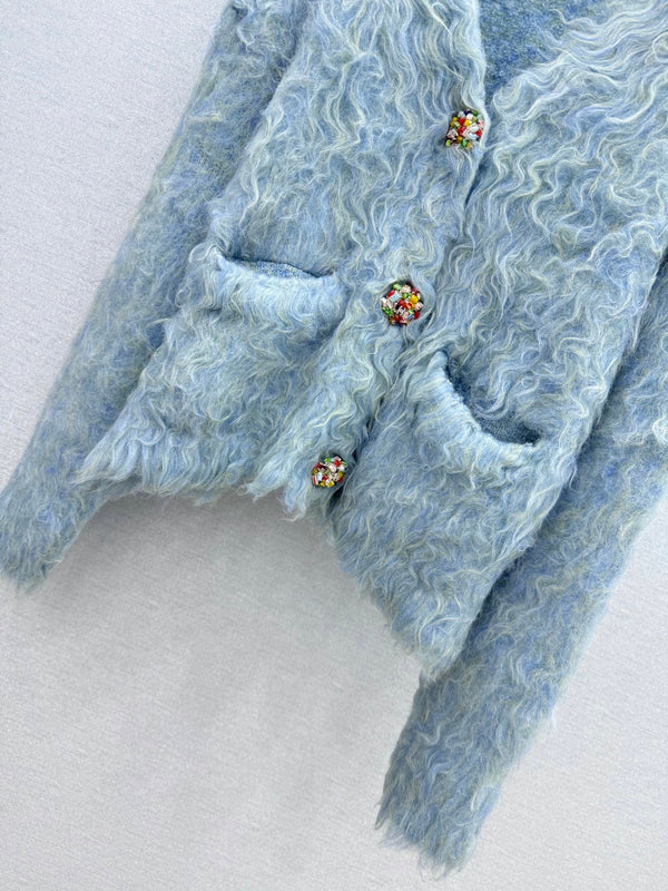 CC 26FW Vintage V-Neck Wool Jacket Blue Rhinestone Buttons Wool Alpaca Blend 447647