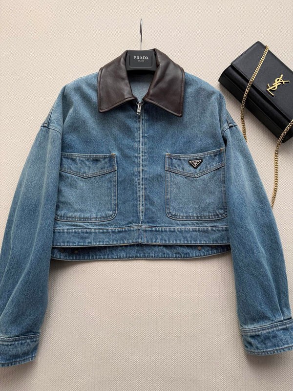 Prad 26FW Cropped Denim Jacket Leather Collar Cotton 447225