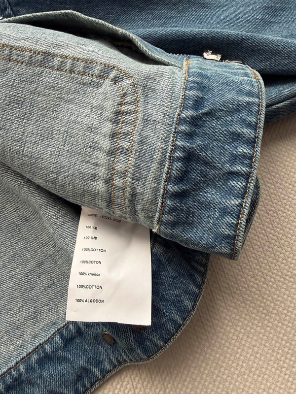 Prad 26FW Cropped Denim Jacket Leather Collar Cotton 447225