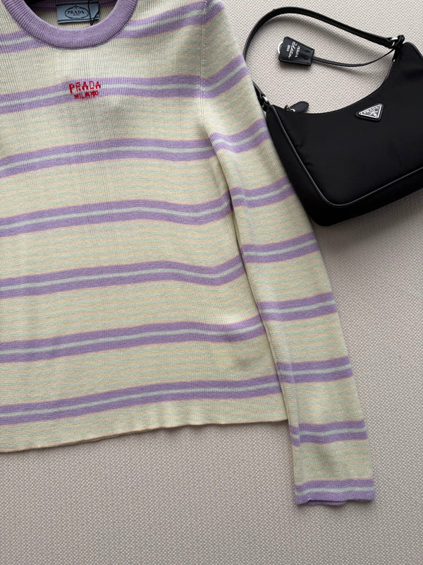Prad 26FW Striped Crewneck Knit Sweater Logo Print Cashmere 447260